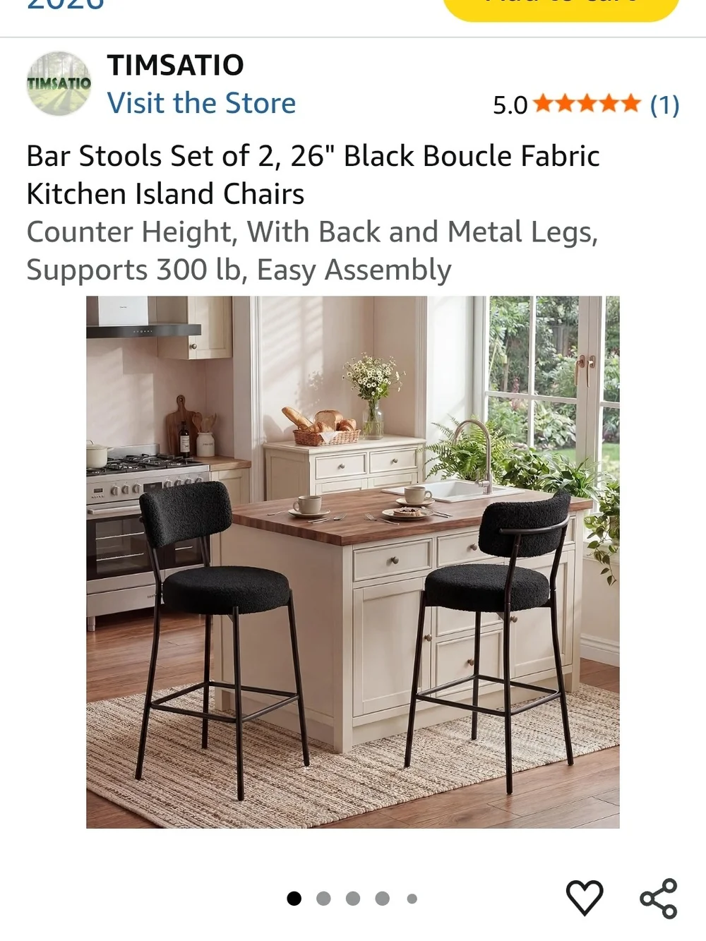 Black Bouclé Counter Height Bar Stools Set of 2 with Back and Metal Legs